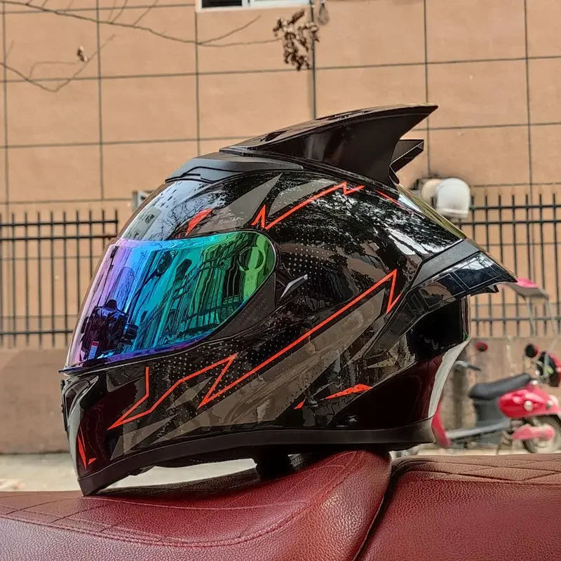 Orz Motorcycle  Full Face Helmet Dual Lens Racing Helmet Personality Horns Modular Flip Up Helmets DOT Approved
