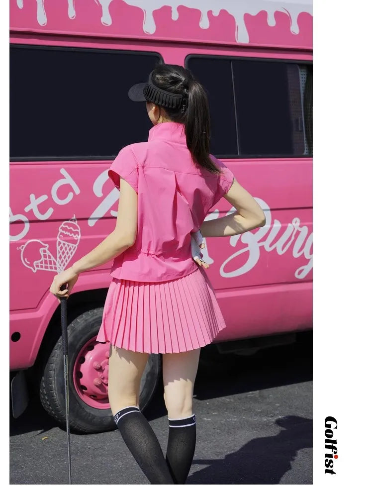 New Golf Women Outfits 2025 Zipper Stand Collar Tops Summer Thin Sports Loose Shirts Pleated Skort Designer's Golf Clothes