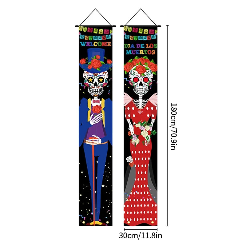 Mexican Day of the Dead Halloween Couplet Scary Skeleton Couple Flag Halloween Decoration Hanging Flag Banner Door Decor
