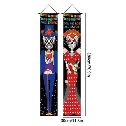 Mexican Day of the Dead Halloween Couplet Scary Skeleton Couple Flag Halloween Decoration Hanging Flag Banner Door Decor