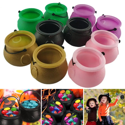 12Pcs Halloween Candy Buckets Black Plastic Witch Cauldron Kettle Halloween Pot Goody Holder for Party Favors