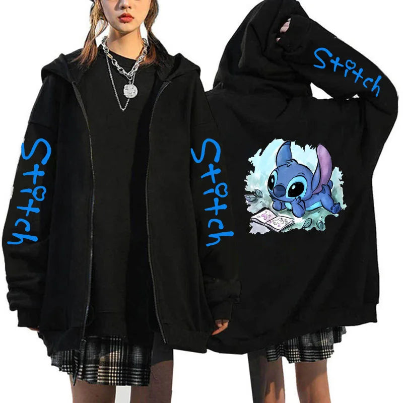 Oversized Y2k Zip-Up Hoodie Disney Women's Lilo & Stitch Costume Winter Clothes Woman Long Sleeve Warm Jacket Zip-Up Street Tops