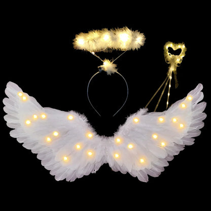 Women Girls Angel Feather LED Wings Halo Light Up Angel Wings Fairy Wands Glow Tutu Skirt Carnival Halloween Cosplay Costume