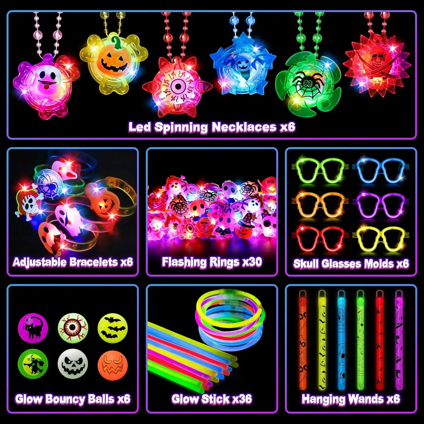 96Pcs Halloween Light Up Rings Glow Sticks Spin Necklace for Kids Trick or Treats Non-Candy Goodie Bag Fillers Party Supplies