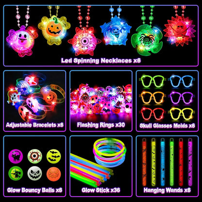 96Pcs Halloween Light Up Rings Glow Sticks Spin Necklace for Kids Trick or Treats Non-Candy Goodie Bag Fillers Party Supplies
