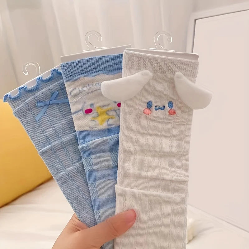 3 Pairs Kawaii Sanrio Girls Cartoon Cinnamoroll Crew Socks, Cute & Sweet Bow Frilled Mid Tube Socks, Women's Stockings & Hosiery