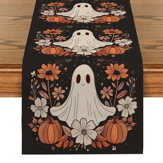 Halloween Cute Ghost Chrysanthemum Table Runners Dresser Table Decor Washable Kitchen Dining Coffee Table Runner Party Decor