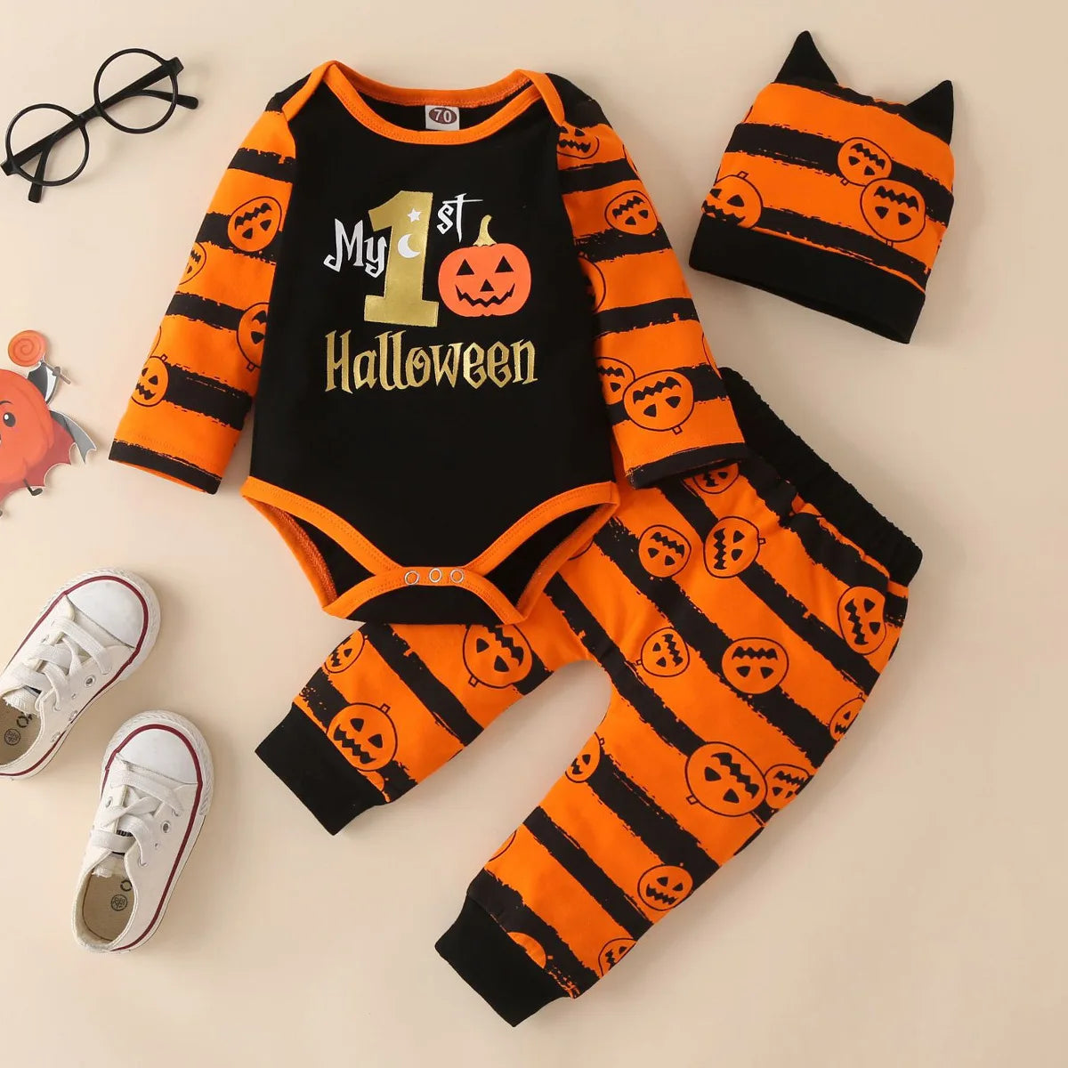 Ceeniu My First Halloween Baby Outfit for Boys Long Sleeve Letter Romper Suspender Pants+Hat Newborns Baby Halloween Costumes