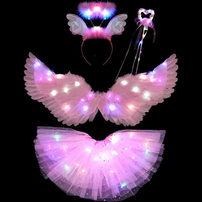 Women Girls Angel Feather LED Wings Halo Light Up Angel Wings Fairy Wands Glow Tutu Skirt Carnival Halloween Cosplay Costume