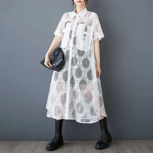 #2615 Summer Black White Hollow Out Vintage Long Shirt Dress Women Loose Split Joint Streetwear A-Line Midi Dress Ladies Sexy