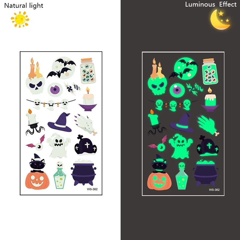 10Sheets Halloween Luminous Tattoo Stickers Ghost Pumpkin Kids Adults Halloween Party Decoration Glow in the Dark Supplies Gifts