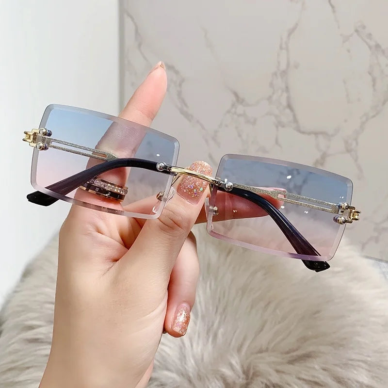 Rimless Rectangle Vintage Sunglasses Woman Brand Pink Gradient Sun Glasses Female Cutting Lens Square Ladies Oculos De Sol