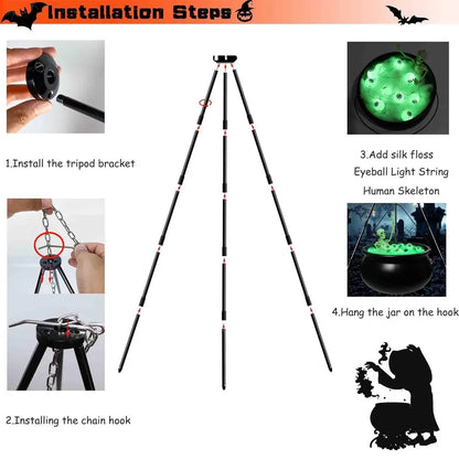 Witches Cauldron for Yard Decorations Halloween Witch Cauldron With Tripod With Eyeballs String Lights and Skeleton for Home