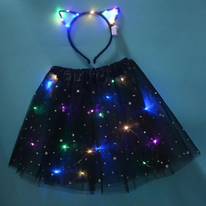 Light Up LED Kids Women Girl Animal Cat Leopard Ears Headband Tutu Skirt Costume Glow Party Christmas Halloween Festival