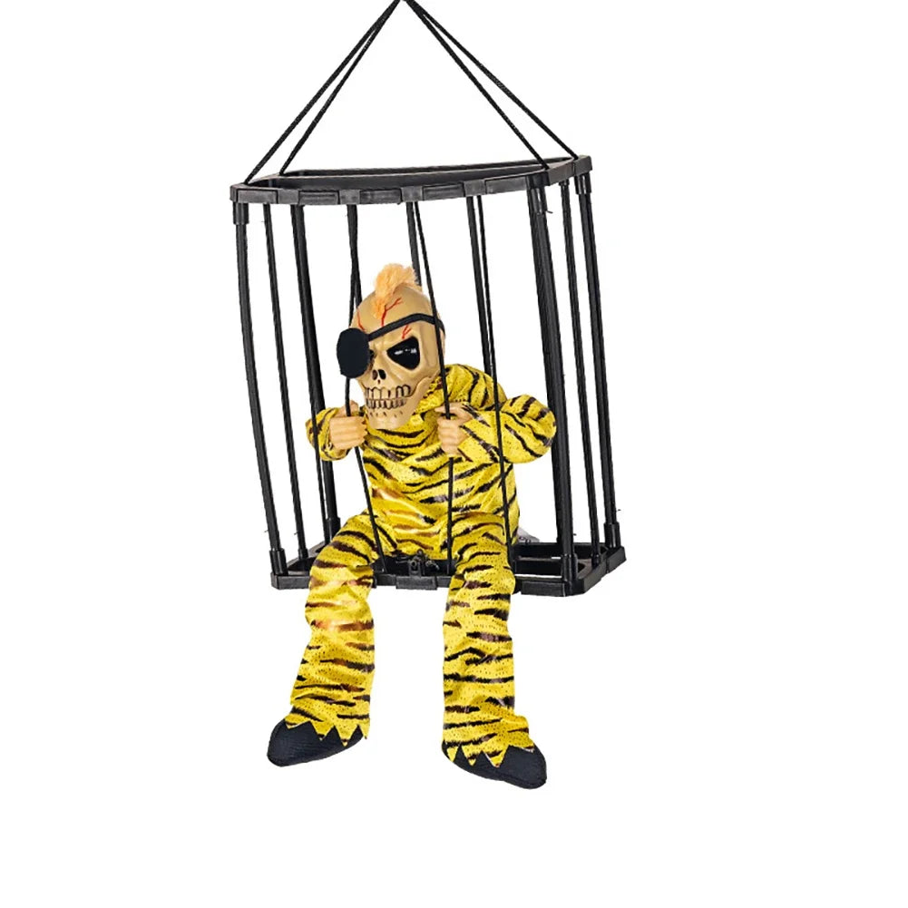 Halloween Scary Skull Decoration Hangable Talking Ghost Prop With Glowing Eye Sound Doll Electric Skeleton Toy in Prisoner Cage
