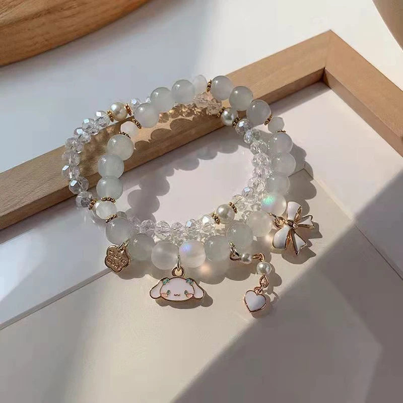 1Pc Anime Sanrio Bracelet Cinnamoroll Bow Crystal Beads Bracelet Kawaii Cinnamorol Kuromi Pendant Accessories Jewelry Gift