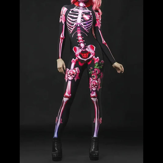 Girls Halloween Haunted House Themed Party Long Sleeve Allover Ladies Cartoon Skeleton With Heart & Skulls Graphic Print Stand