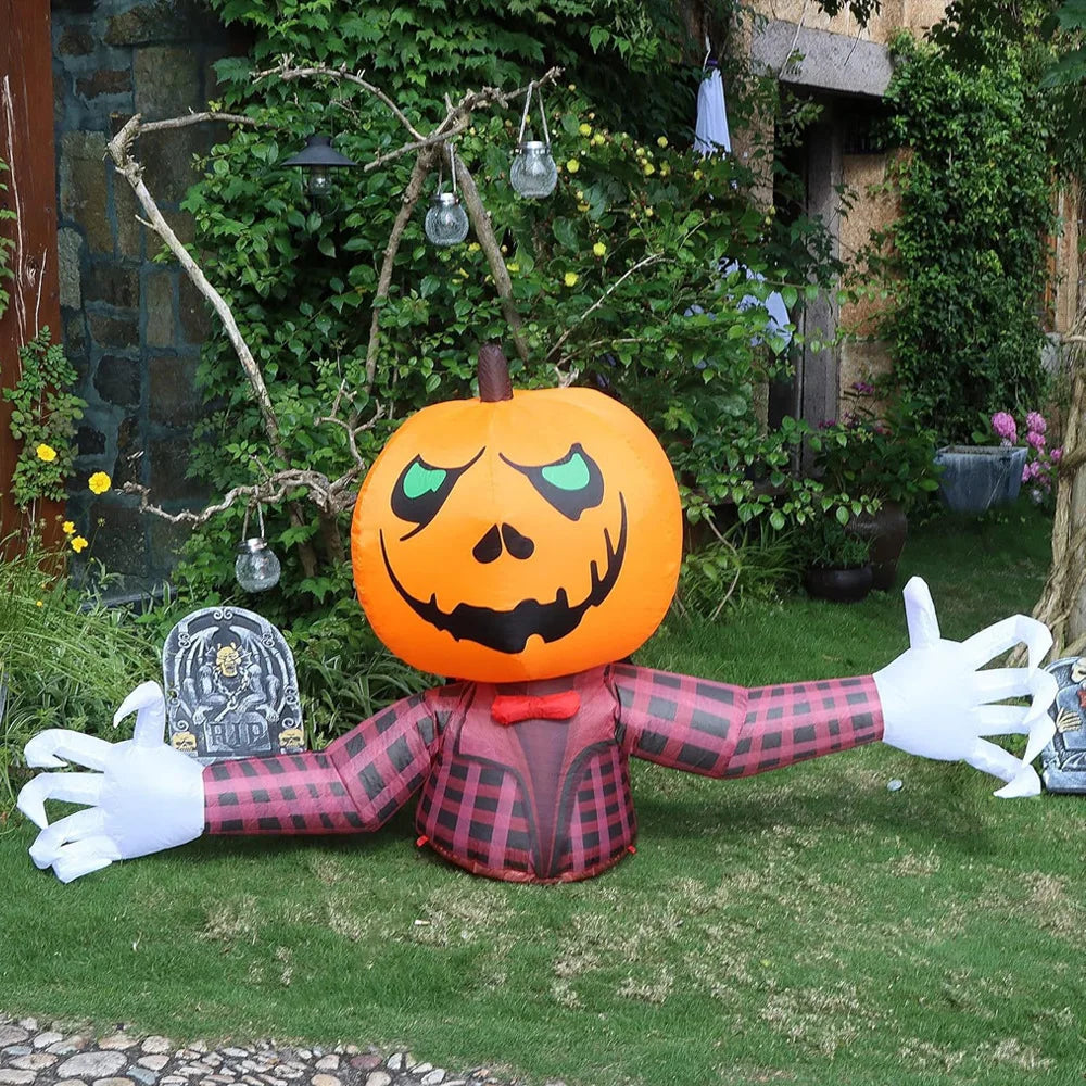 1.2M Halloween Pumpkin Wearing Checkered Shirt Inflatable Decoration Gentleman Ghost Halloween Inflated Toys Outdoor Garden Deco