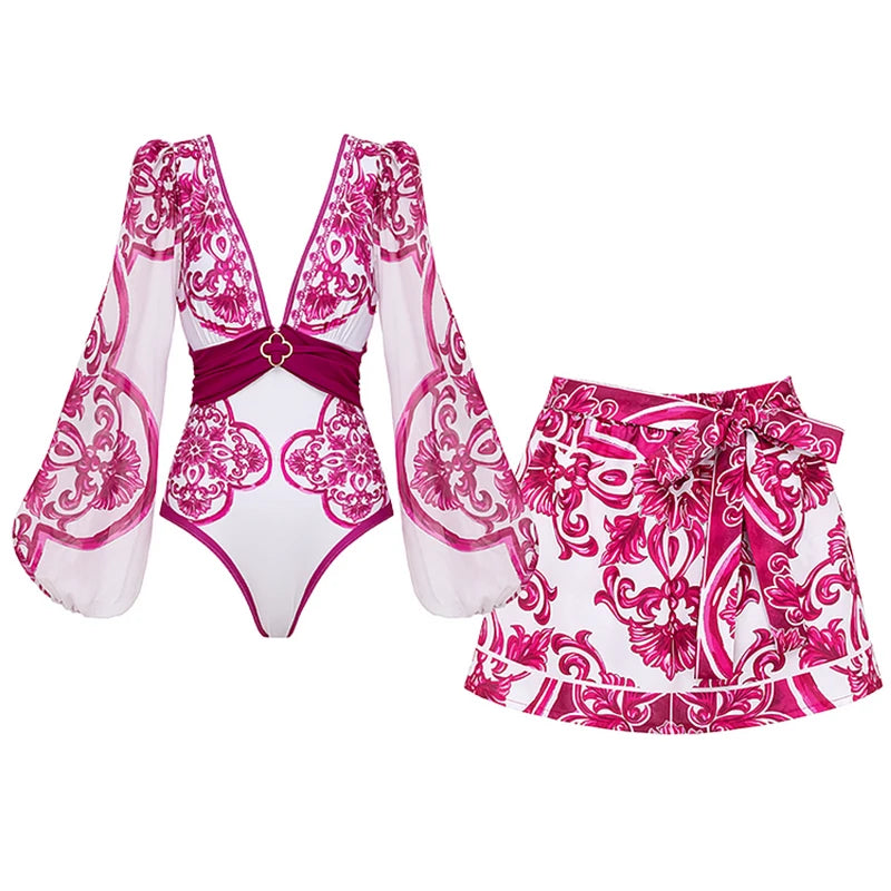 Flaxmaker Classic Women Sexy Bikini Sets Long Sleeves Majolica Series Pattern Print One Piece Swimsuit Skirt Biquini Beachwear