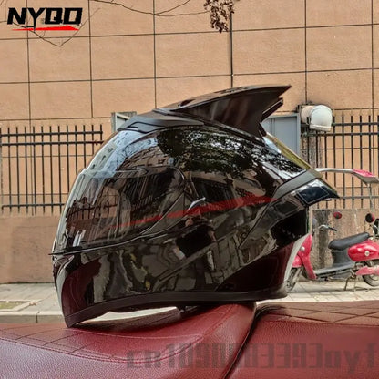 Orz Motorcycle  Full Face Helmet Dual Lens Racing Helmet Personality Horns Modular Flip Up Helmets DOT Approved