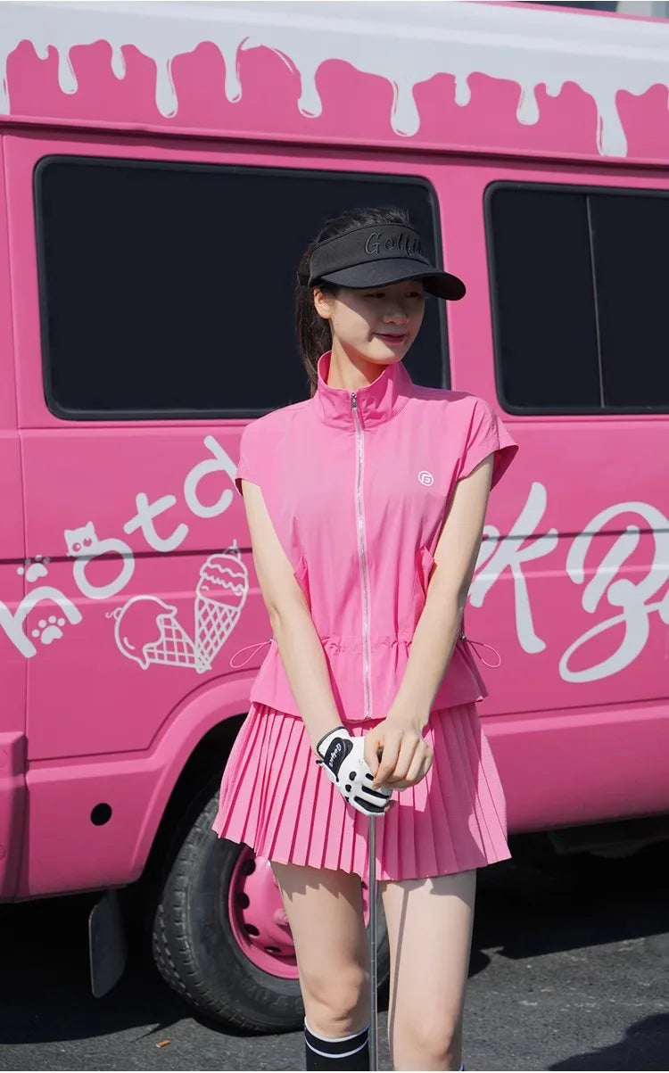 New Golf Women Outfits 2025 Zipper Stand Collar Tops Summer Thin Sports Loose Shirts Pleated Skort Designer's Golf Clothes