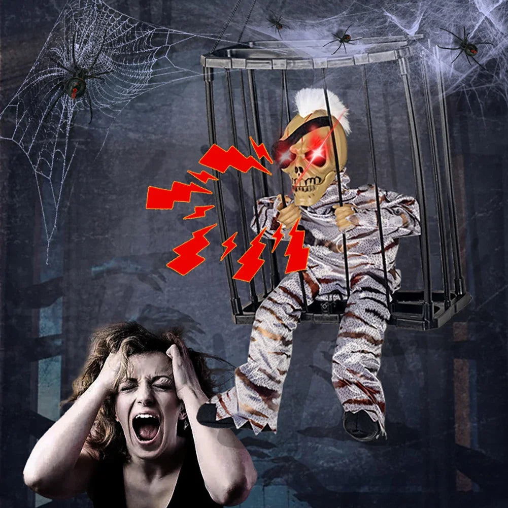 Halloween Scary Skull Decoration Hangable Talking Ghost Prop With Glowing Eye Sound Doll Electric Skeleton Toy in Prisoner Cage
