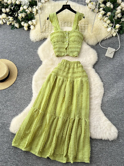 SINGREINY Casual Beach Style 2pcs Suits Single Breasted Mini Camisole+Elastic Waist a Line Fold Slim Skirt Gentle Women Sets