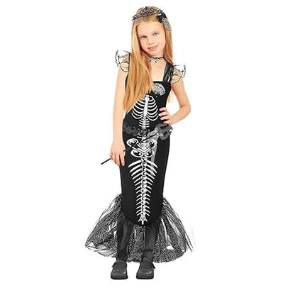Fishtail Bone Skeleton Mermaid Costume Girls Kid Devil Dress Gothic Horror Corpse Bride Halloween Terror Outfit Party for Child