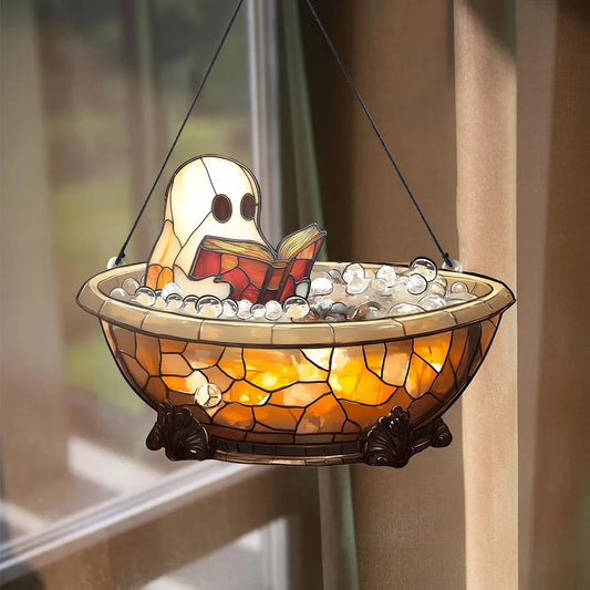 Acrylic Halloween Ghost in Bathtub Hanging Ornaments Cute Ghost Reading Book Decor Home Bedroom Living Room Window Decorations