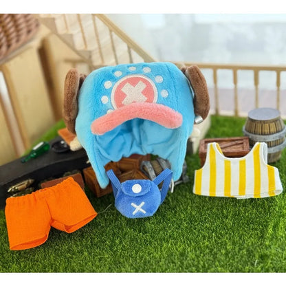 New Labubu Doll Clothes Cartoon Chopper Hat Backpack Luffy Straw 4-Piece Set Mini Plush Doll Clothing Fashion Doll Accessories