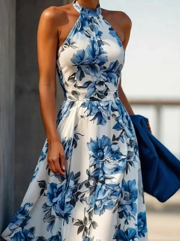 Modigirl Women Summer Long Dresses 2025 New Fit Party Beach Birthday Wedding Sleeveless Flower Print Halter A-Line Dress Woman