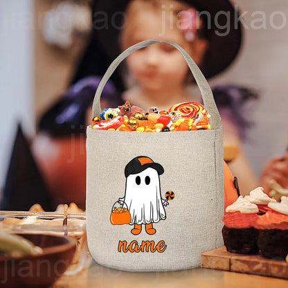 Personalized Trick or Treat Bag Custom Name Candy Bucket Bag Halloween Party Ghost Tote Bags Portable Cookie Basket Gift for Kid