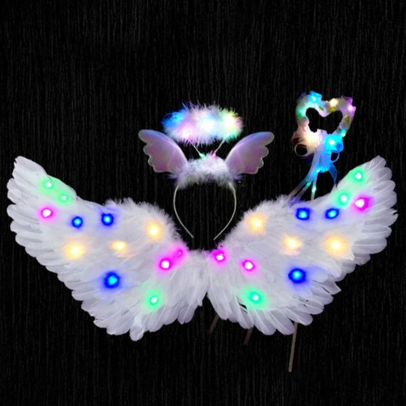 Women Girls Angel Feather LED Wings Halo Light Up Angel Wings Fairy Wands Glow Tutu Skirt Carnival Halloween Cosplay Costume