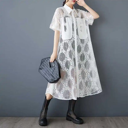 #2615 Summer Black White Hollow Out Vintage Long Shirt Dress Women Loose Split Joint Streetwear A-Line Midi Dress Ladies Sexy
