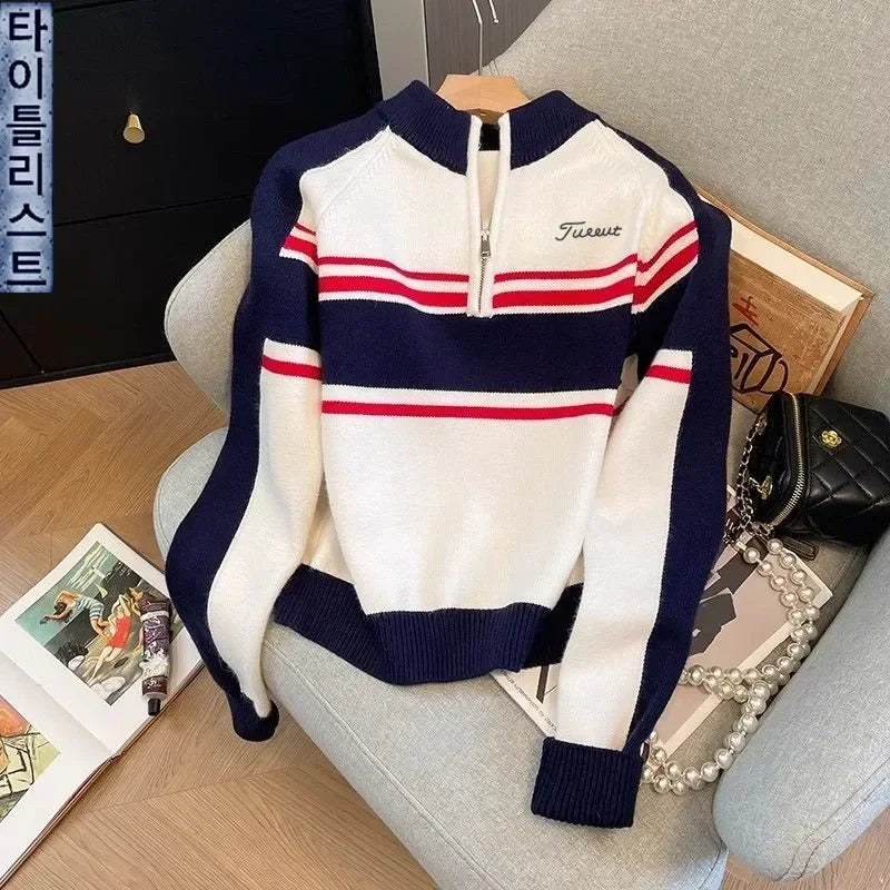 Spring Autumn Golf Wear Women 2025 New Korean Golf Sweate Fashion Knit Top Half Zipper Casual Long Sleeves Women Golf Clothing