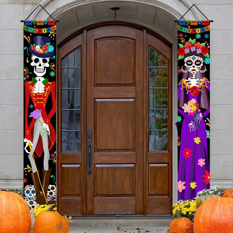 Mexican Day of the Dead Halloween Couplet Scary Skeleton Couple Flag Halloween Decoration Hanging Flag Banner Door Decor