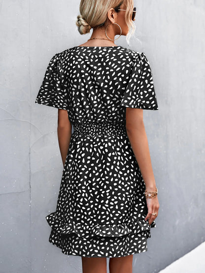 Elegant Women Dot Print Pattern Dress V-Neck Ruffles Sleeve Casual Sweet Fashion Boho Dress Women Summer Dresses Beach Holidays
