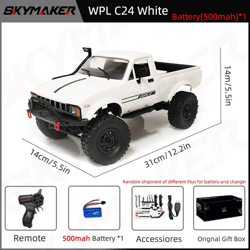 WPL C24-1 Full Scale RC Car 1:16 2.4G 4WD Rock Crawler Electric Buggy Climbing Truck LED Light On-Road 1/16 for Kids Gifts Toys