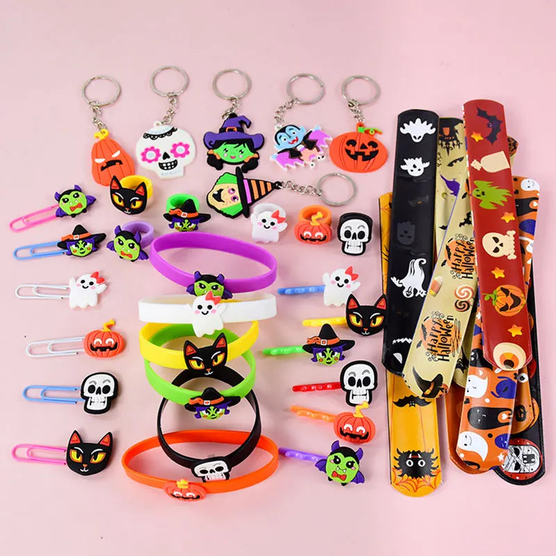 6-40pcs Halloween Gifts Toys Slap Bracelet Witch Skeleton Pumpkin Ghost Key Chain Party Kid Hairpin Ring Birthday Favor Supplies