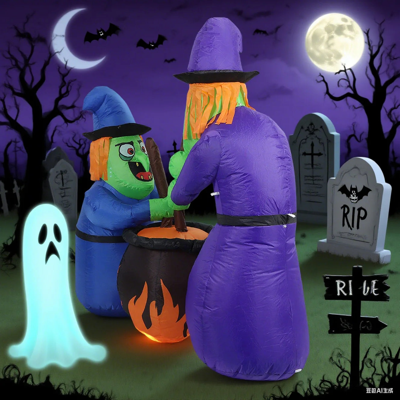 5Ft Halloween Inflatable Two Witches and Cauldron Decoration With Light, Inflatable Yard Decor Blow Up With Build-In LEDs