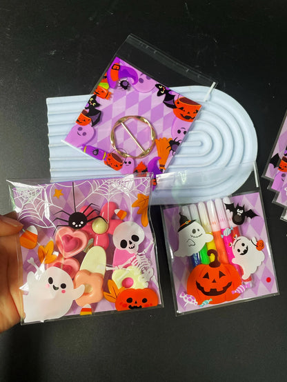 100pcs Cute Pumpkin Bat Ghost Spider Design Gift Pack Opp Self-Sealing Bag, Halloween Party Skull Printed Purple Plaid Opp Bags