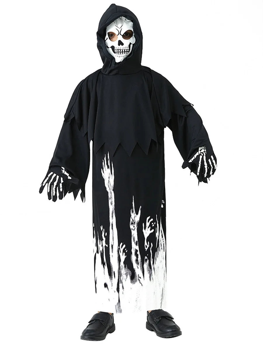 Halloween Grim Reaper Cosplay Costume Bodysuit Kids Ghost Demon Skeleton Spooky Glow-In-The-Dark Hooded Jumpsuit Mask Gloves Set