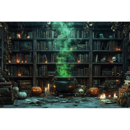 Halloween Horror Photo Backgrounds Witches Magic Boiler Bookshelf Pumpkin Lanterns Spider Web Spooky Party Photography Backdrops