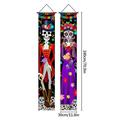 Mexican Day of the Dead Halloween Couplet Scary Skeleton Couple Flag Halloween Decoration Hanging Flag Banner Door Decor