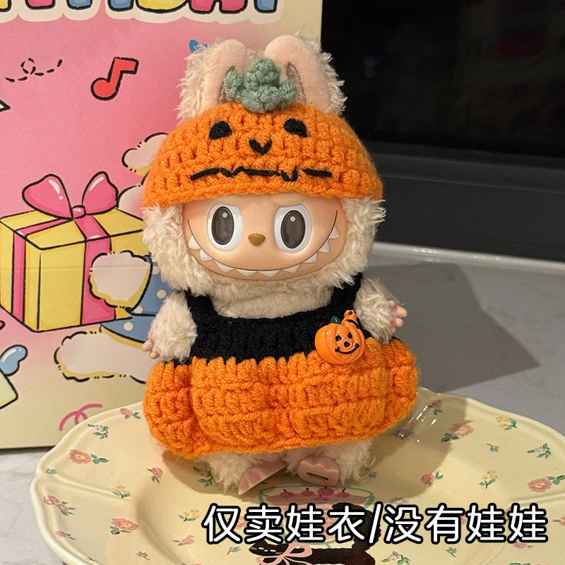 3.0 Labubu Clothes Halloween Knitted Pumpkin Bat Ghost Set for 15/17cm Doll Funny Necklace Accessories Christmas Halloween Gift