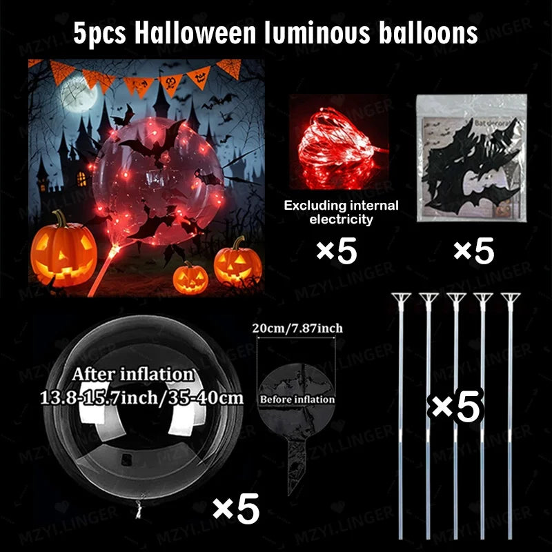 5pcs Halloween Glowing Balloon Set Transparent Bobo Balloon Bat Stickers Halloween Party Decoration Day of the Dead Decoration