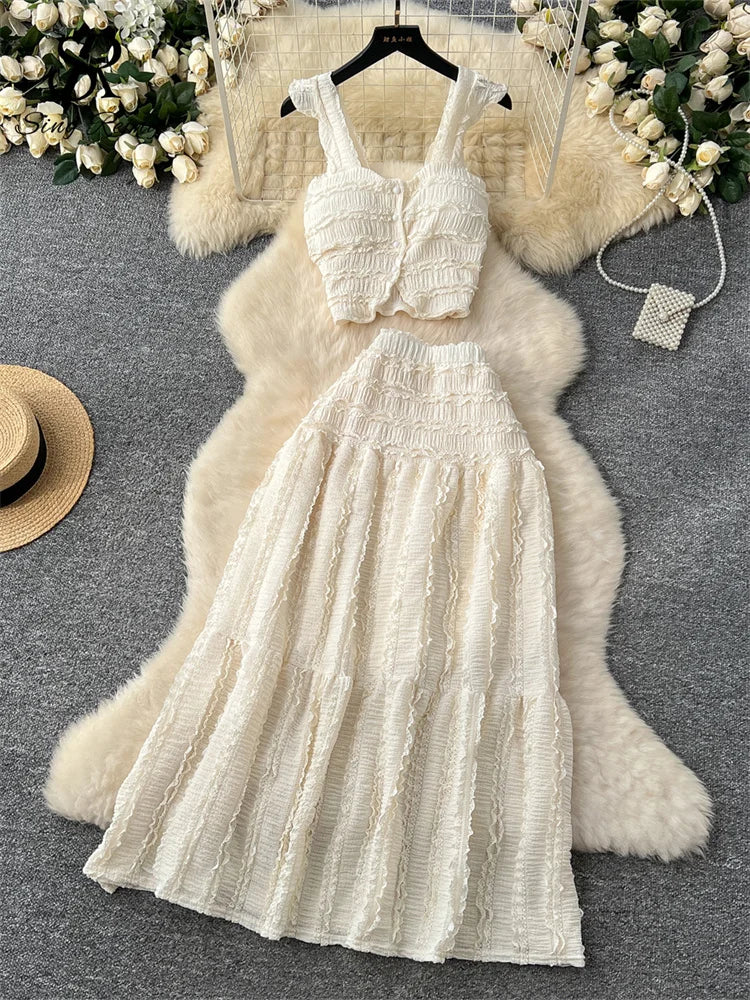 SINGREINY Casual Beach Style 2pcs Suits Single Breasted Mini Camisole+Elastic Waist a Line Fold Slim Skirt Gentle Women Sets