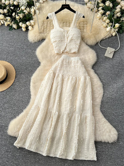 SINGREINY Casual Beach Style 2pcs Suits Single Breasted Mini Camisole+Elastic Waist a Line Fold Slim Skirt Gentle Women Sets