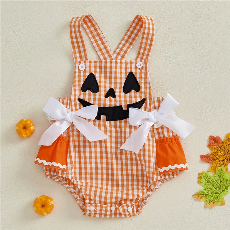 Toddler Baby Girls Halloween Romper Casual Sleeveless Square Neck Pumpkin Plaid Printed Jumpsuit Fashion Infant Newborn Clothes
