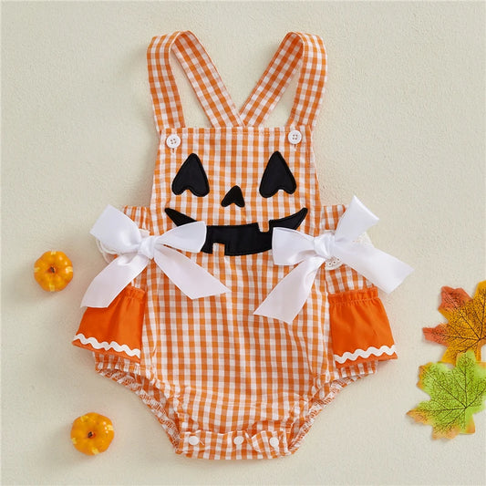 Toddler Baby Girls Halloween Romper Casual Sleeveless Square Neck Pumpkin Plaid Printed Jumpsuit Fashion Infant Newborn Clothes